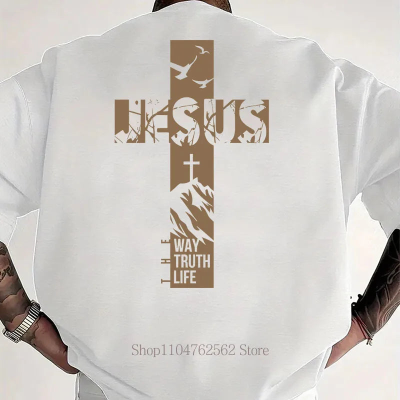 Jesus Cross Pattern Print T-shirts Men Summer Casual Fashion High Street Y2K Tops Vintage Crew Neck Short Sleeve Cotton Tees