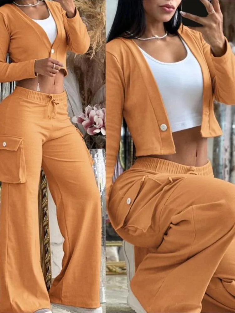 Women's Spring Summer New Fashionable Solid Color Printed Sexy Waist Short Top Casual Pants Set For Women