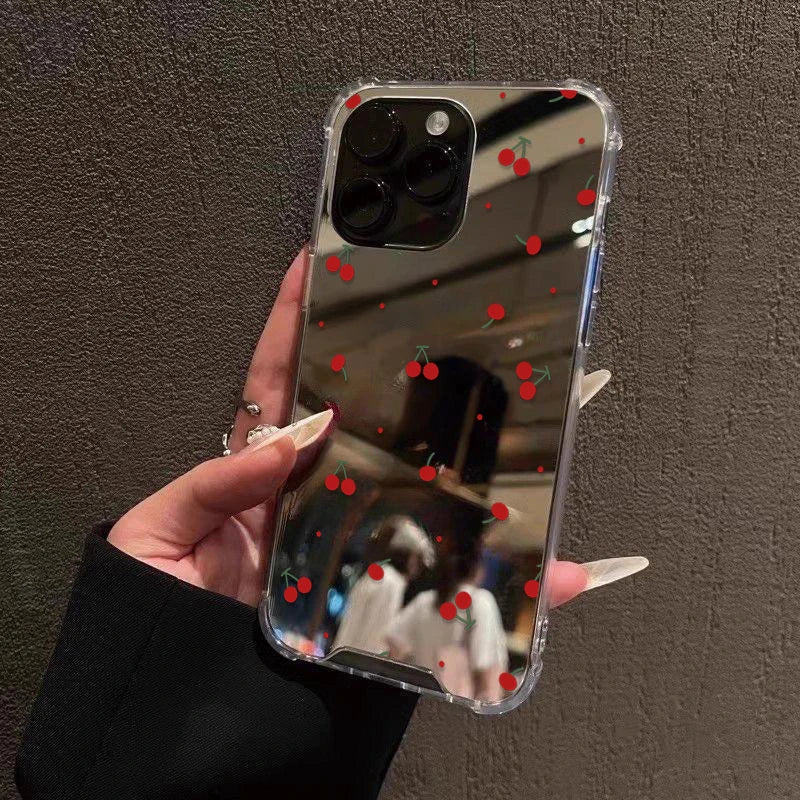 Cute Cherry Pattern Phone Case For iPhone 16 17 Pro Max 15 14 13 12 11 Pro XS X XR 7 8 Plus Make Up Mirror Shockproof Soft Cover