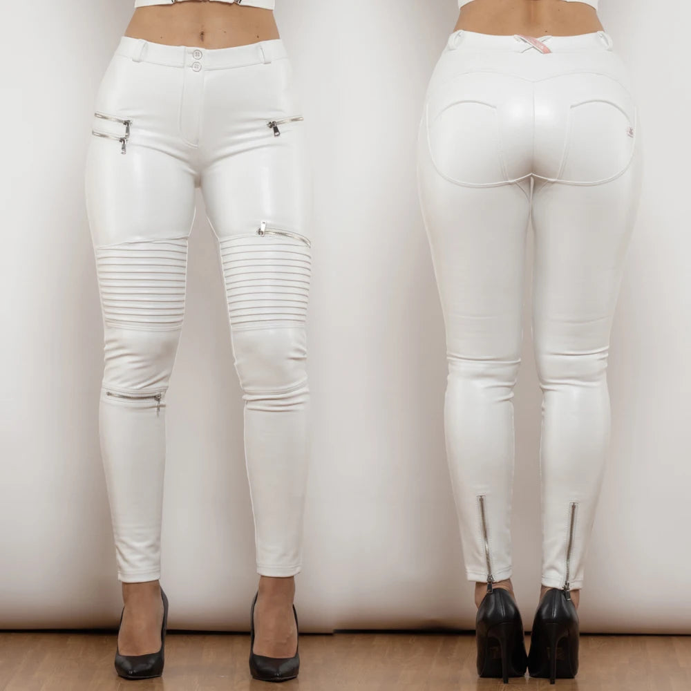 Shascullfites Melody White Pu Leather Pants Coating Woman Fashion Pants Slim Faux Leather Leggings Elastic Waist Women's Pants