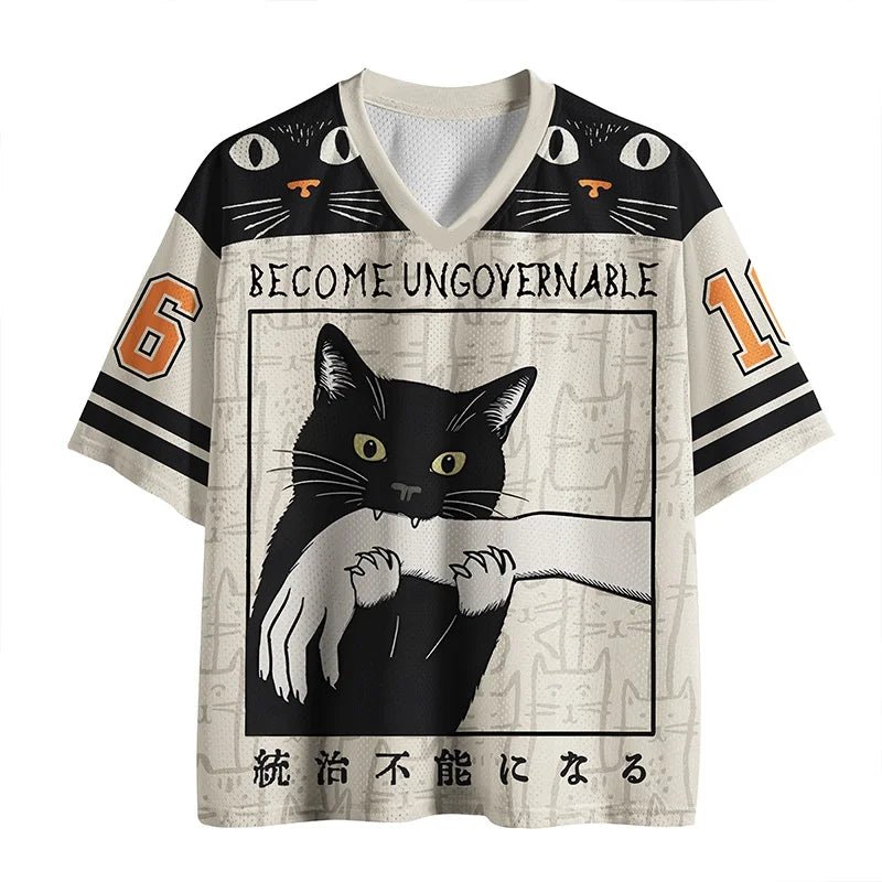 Adult and Kids Rebellious Black Cat 3D Print Jersey, 'Cannot Dominate' Meme American Retro Short Sleeve