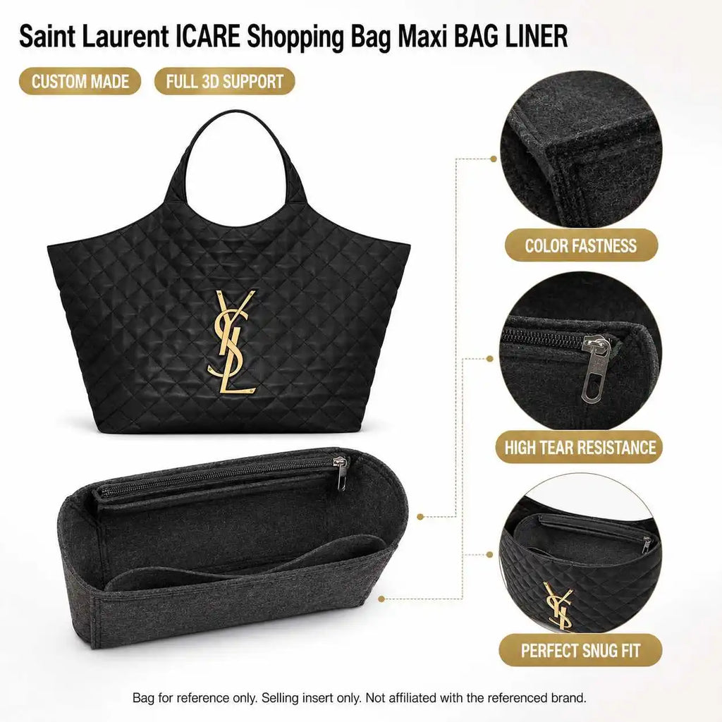 Organizer Insert Compatible with Saint Laurent ICARE Shopping Bag Maxi, Slim Waterproof Bag Liner with Zip Pocket 35 x 6 x 24 cm