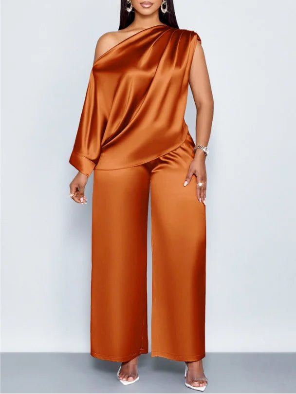 Pant Set Women Two Piece Sets Skew Collar Sexy Slim Fit Tops Wide Leg Long Pants Elastic Waist Y2k Streetwear Elegant 2026