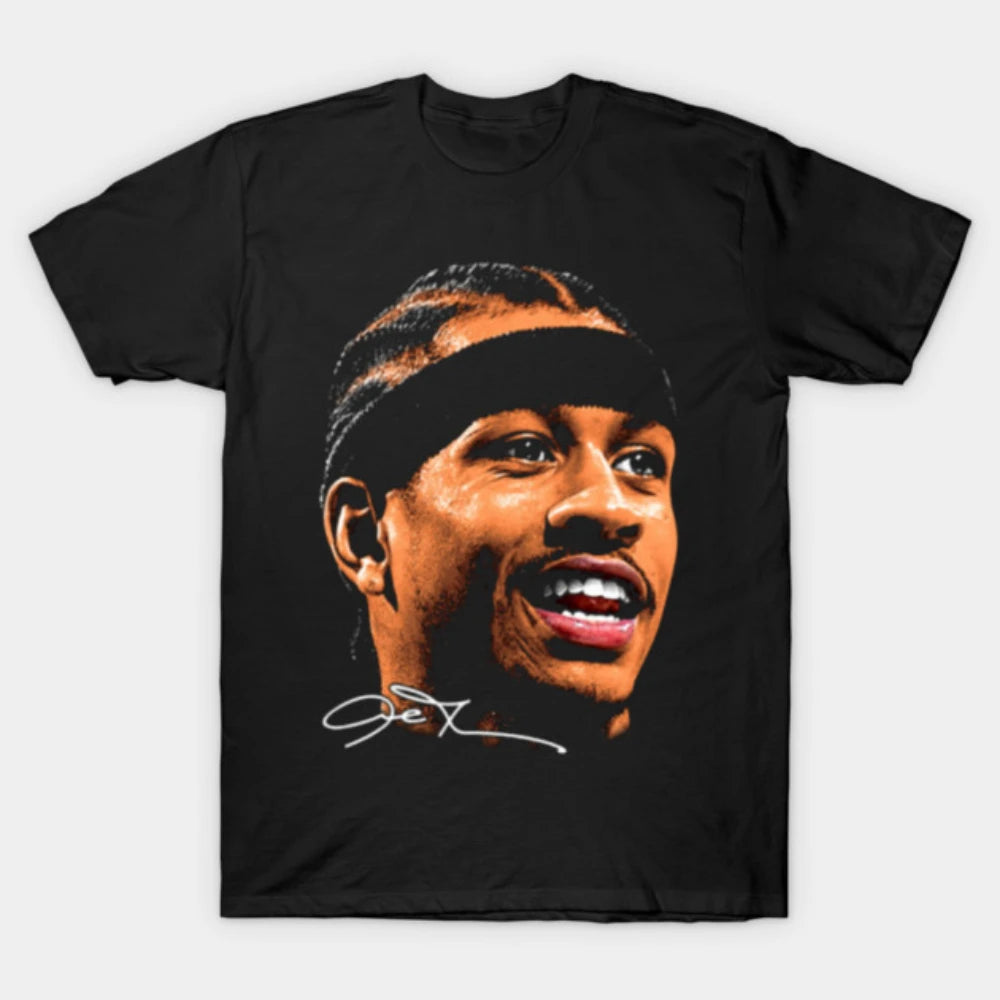 Men's Women's Cotton Allen Iverson Retro Portrait T-Shirt, Vintage Orange Graphic Tee With Signature For NBA Basketball Fans