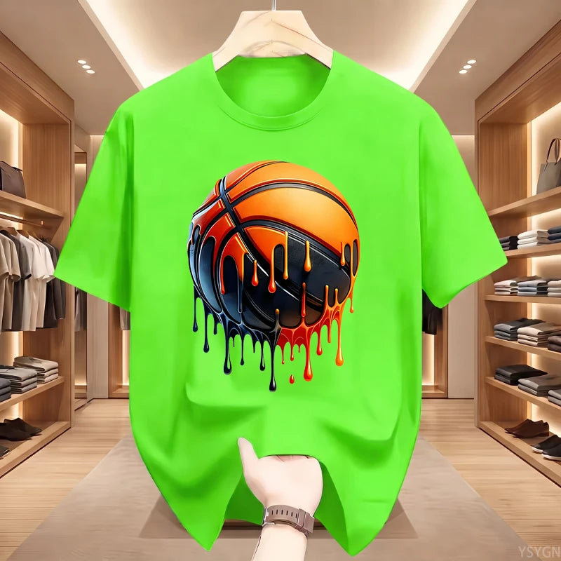 Men's Dripping Basketball Graphic T-Shirt, Streetwear Hip Hop Tee, Oversized Fit, WHITE Top for Men, Trendy Summer Style