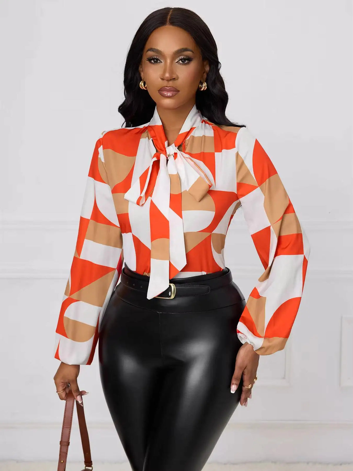 Women's Blouse Spring Summer Orange White Geometric Print Tie Neck Long Sleeve Ruched Cuff Chic Elegant Office Top