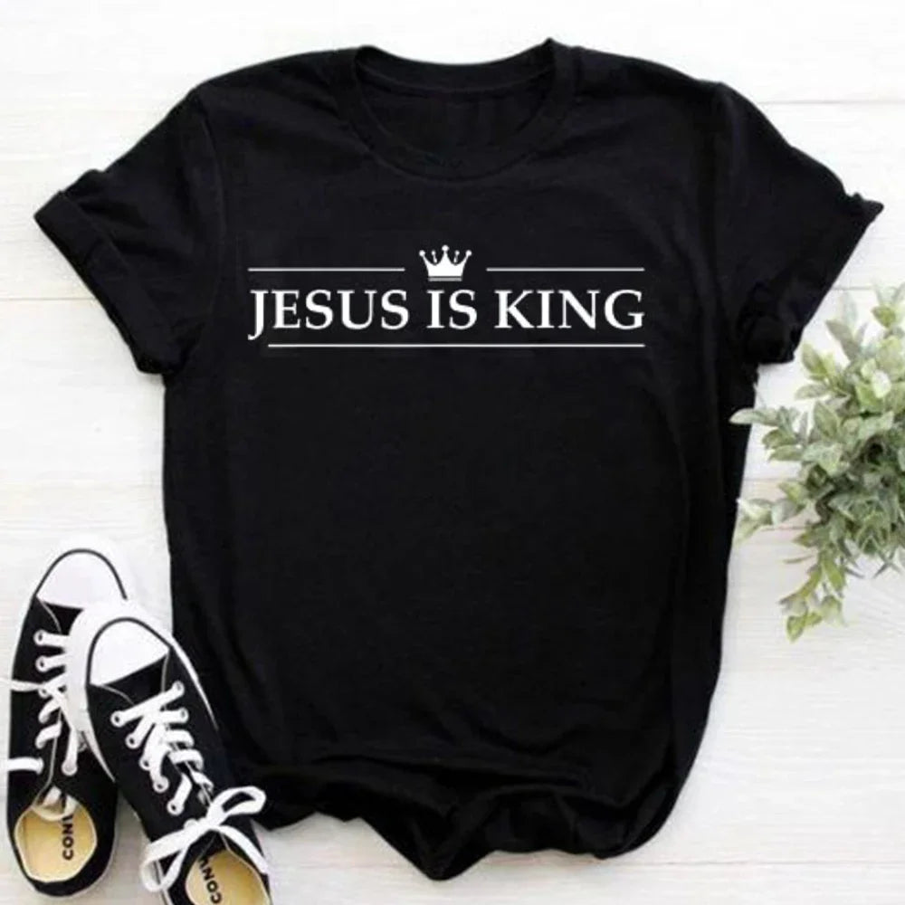 2026 Jesus Is King Letter Print Women T-shirt Christian Faith Hope Love Harajuku T Shirts Religion O-neck Tops Tees Streetwears