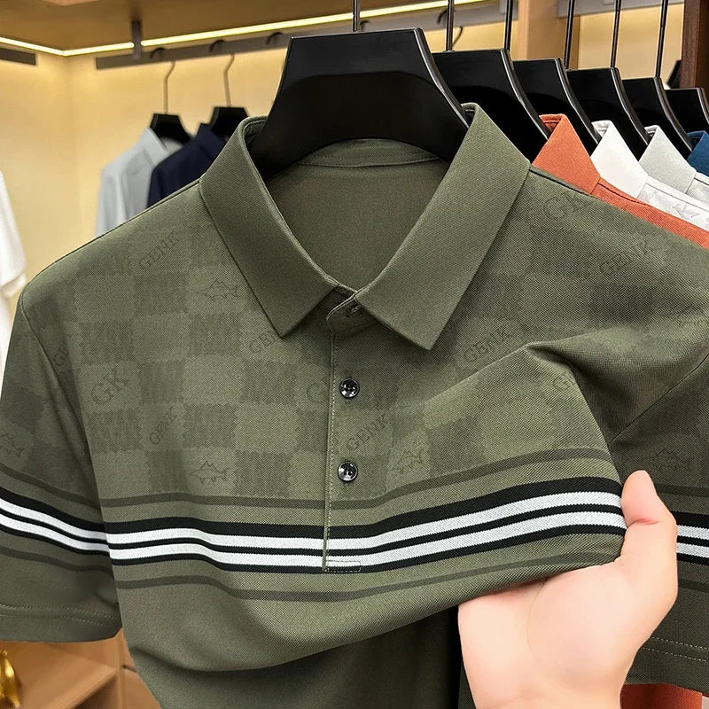 Mens Half Checkered Letter Print Stripe Splicing Short Sleeve Polo Shirts Soft  Breathable Business Casual Tops For Summer Daily