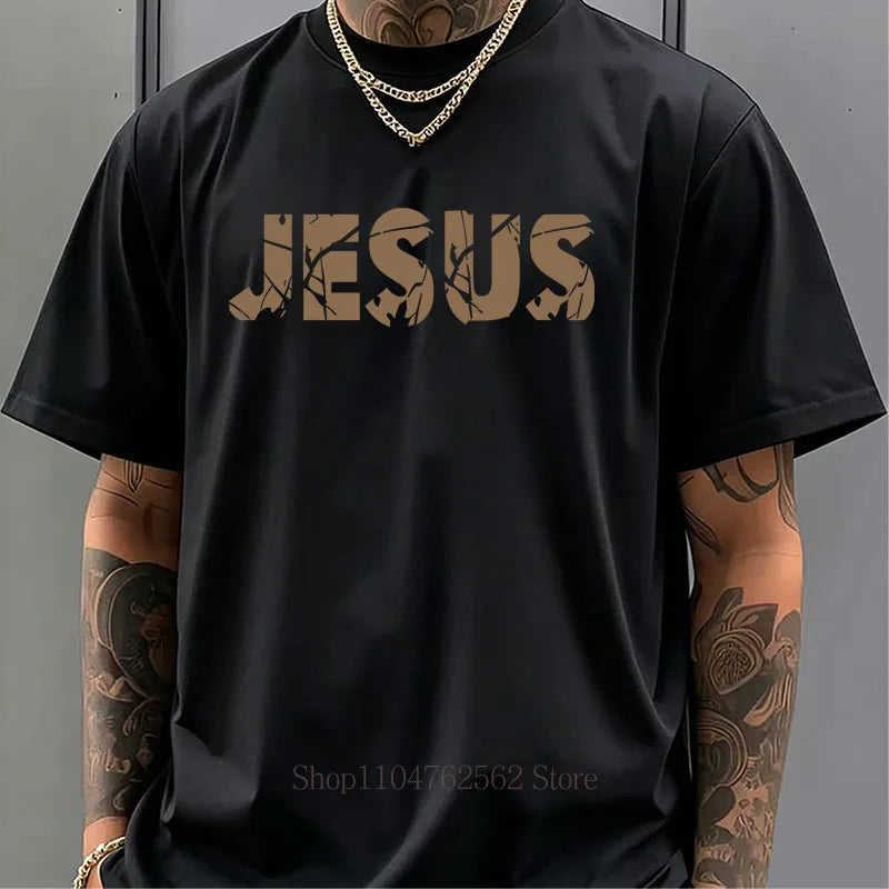 Jesus Cross Pattern Print T-shirts Men Summer Casual Fashion High Street Y2K Tops Vintage Crew Neck Short Sleeve Cotton Tees