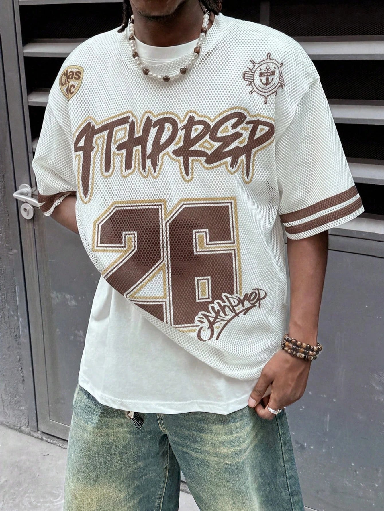 Men Loose Dropped Shoulder Letter Graphic Print Mesh Short Sleeve Jersey T-Shirt, Funny, , For Going Out, Summer Streetwear