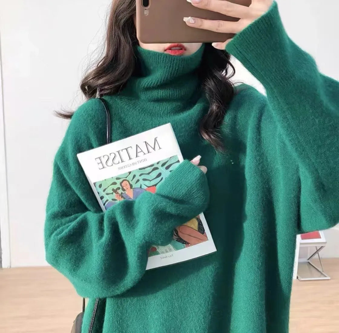 Autumn Winter Thick Loose Knitwear Sweater Tops Casual Turn Down Collar Long Lantern Sleeve Knitted Pullover Coats PYXA-dh70