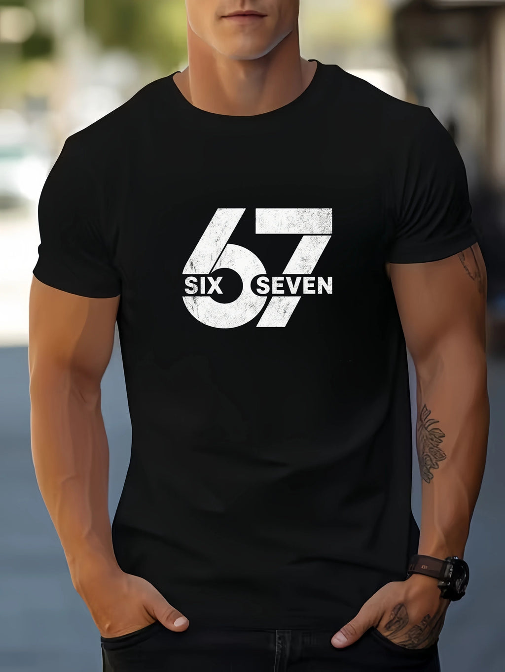 Men's Summer 100% Cotton Casual Fashion 67 Letter Printed Loose Breathable Round Neck Short Sleeve T-shirt