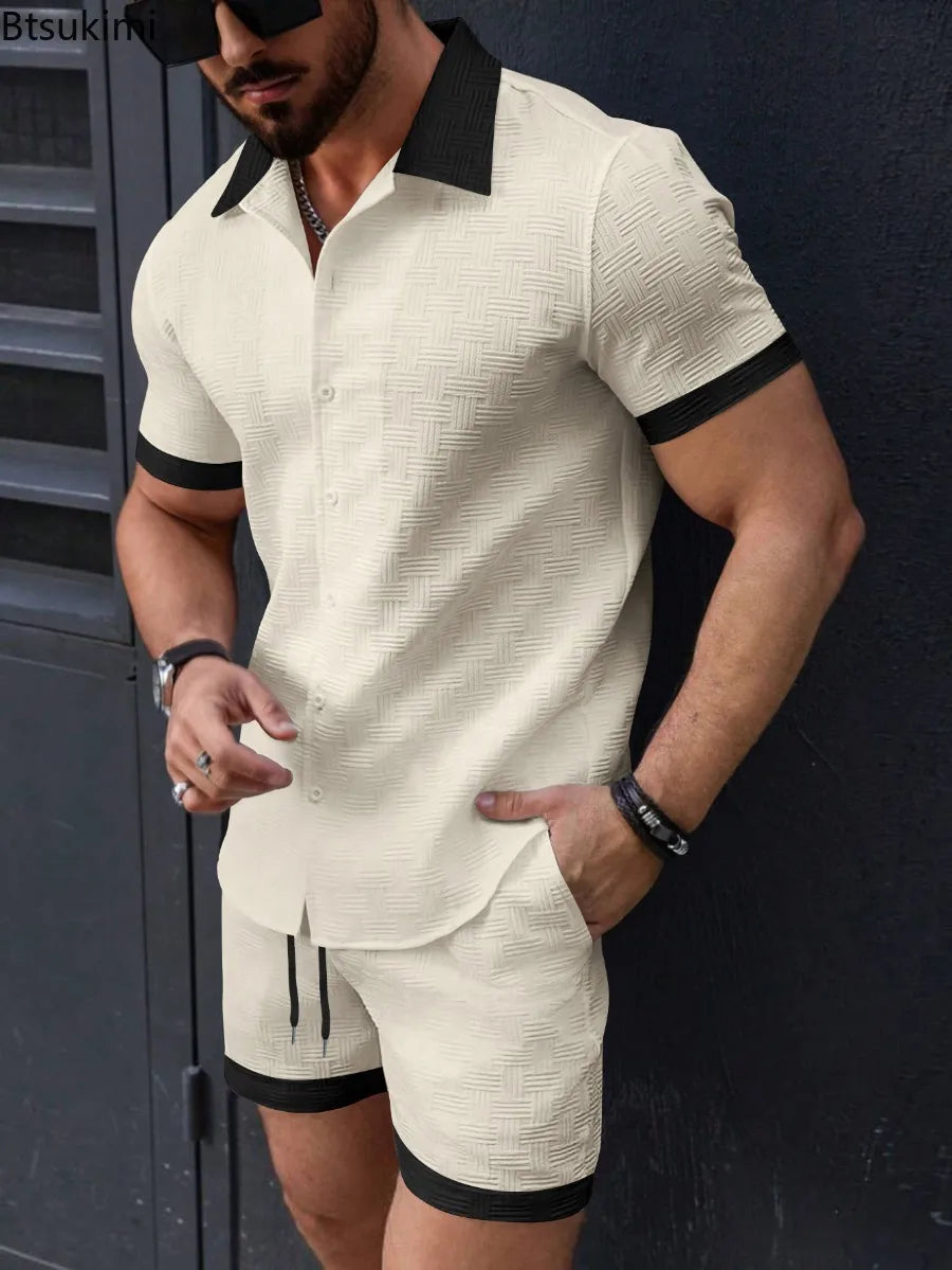 Summer New Men's Casual Two-piece Sets Fashion Classic Lapel Color Matching Short Sleeve Shirt Shorts Loose Sports Beach Outfits