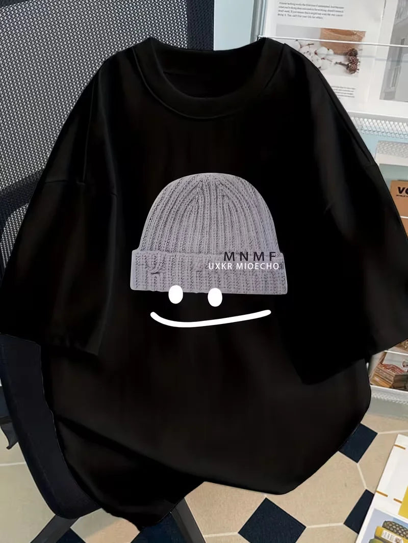 Short Sleeve T-Shirt with Knitted Hat Graphic Design Fashionable Summer Design Slim Fit Cartoon Print Top Men Women Unisex Tops