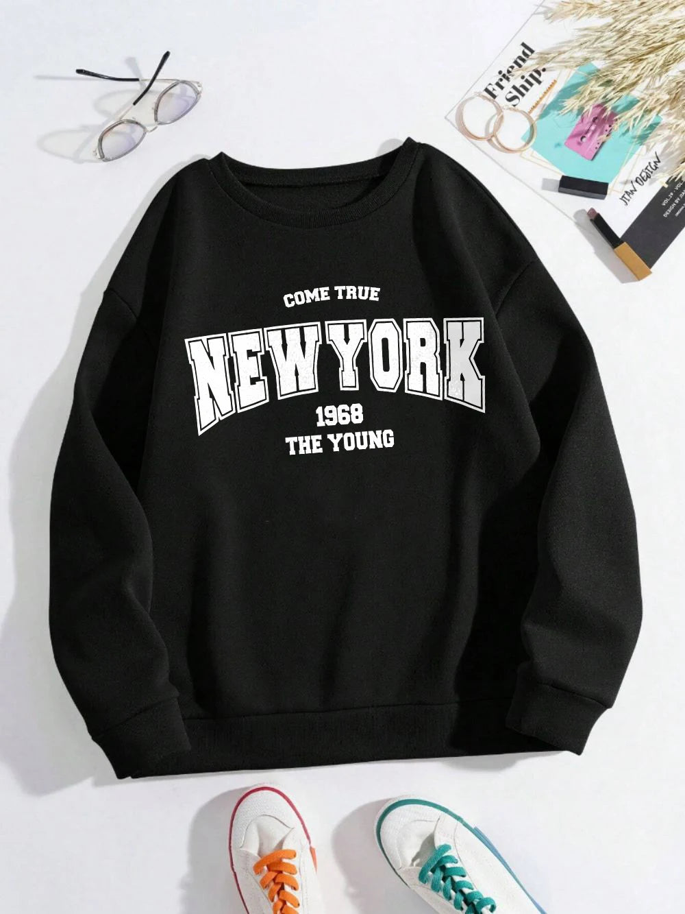 New York 1968 Women Sweatshirt Black Letter Print Sporty Hoodie Winter Casual Fleece Pullover Crewneck Red Hoody Street Clothing