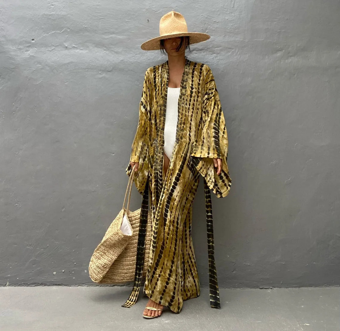 Bikini Cover Up Tie Dye Printed Women Long Beach Kimono Swimsuit Cape 2022 New Summer Beachwear Self Belted Bathing Suit