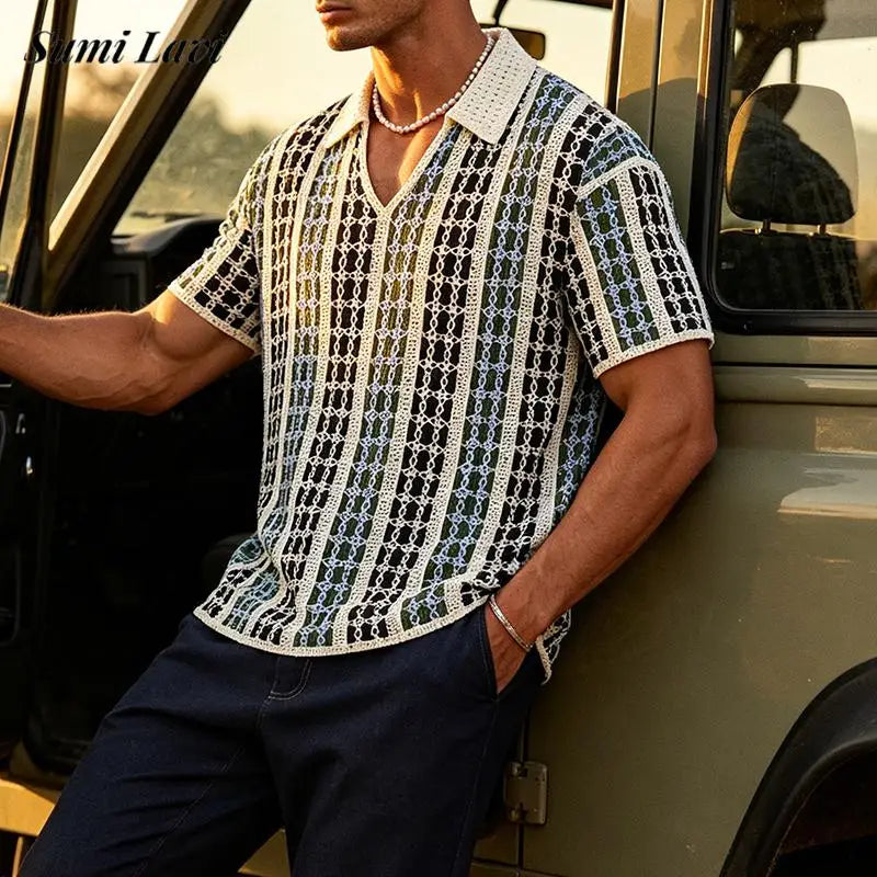 Vintage Mens Short Sleeve Knit Polos Summer Casual Breathable Lapel Knitting Polo Shirt Men Fashion Plaid Jacquard Polo Shirts