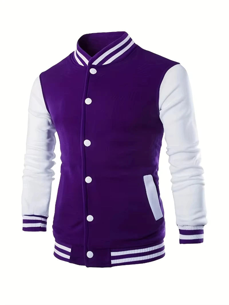 Men's Casual Baseball Jacket - Contrast Cuff Design, Baseball Collar and Shoulder Shape, All Seasons, Everyday Wear