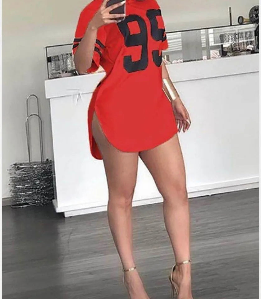 95 Pattern Print T-Shirt O-Neck Split Short Sleeve Sports Football Jersey Y2K Loose Oversized Street Retro Casual Tops