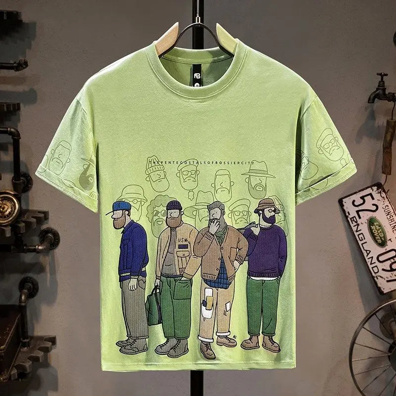 Men's Short Sleeve T-Shirt Summer Trendy Cartoon Print Round Neck Loose Casual Half Sleeve Shirt