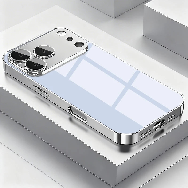 Silver Metallic Paint Electroplated Glass Phone Case for Iphone 17 17Air 16 15 14 13 12 11 Pro Pro Max Plus 17E 16E Hard Cover
