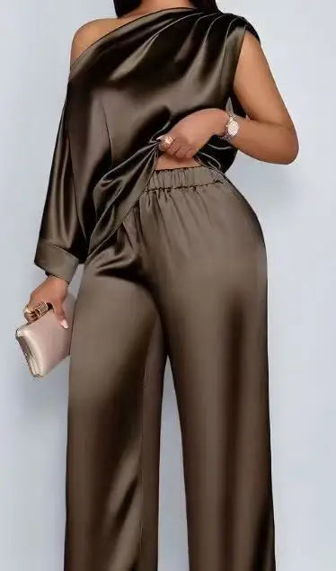 Pant Set Women Two Piece Sets Skew Collar Sexy Slim Fit Tops Wide Leg Long Pants Elastic Waist Y2k Streetwear Elegant 2026