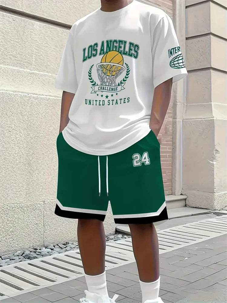 Spring New Men's Casual Tops And Shorts, Simple Basketball-printed Men's Round-neck T-shirts And Casual Shorts, Fashionable And