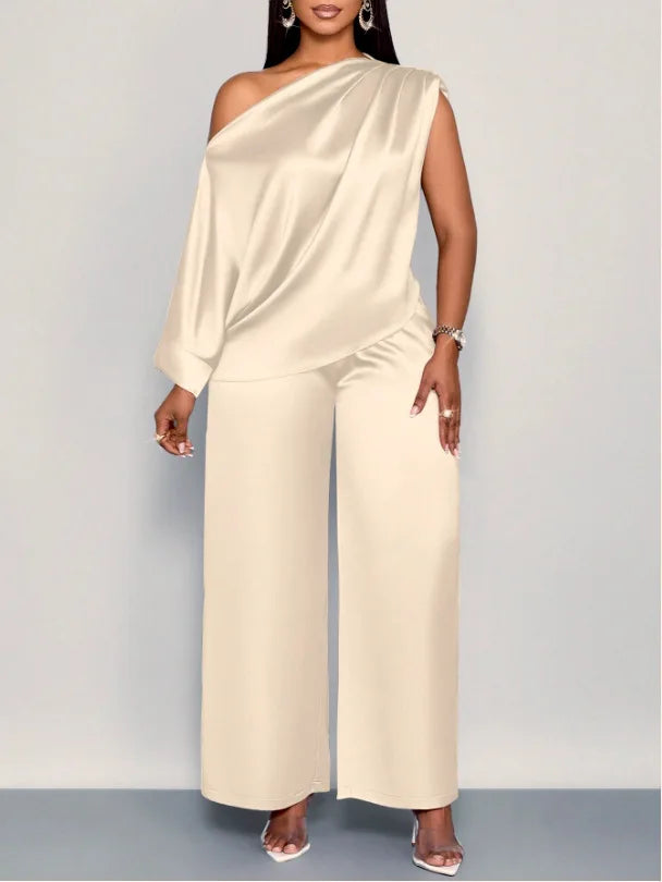 Pant Set Women Two Piece Sets Skew Collar Sexy Slim Fit Tops Wide Leg Long Pants Elastic Waist Y2k Streetwear Elegant 2026