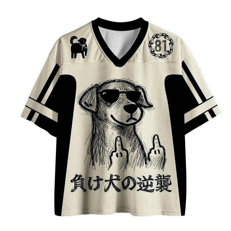 2026 New Latest Harajuku-style Y2K Adult Cat-and-dog Dual Theme Sporty Quirky 3D Print V-neck Jersey T-shirt with Raglan Sleeves