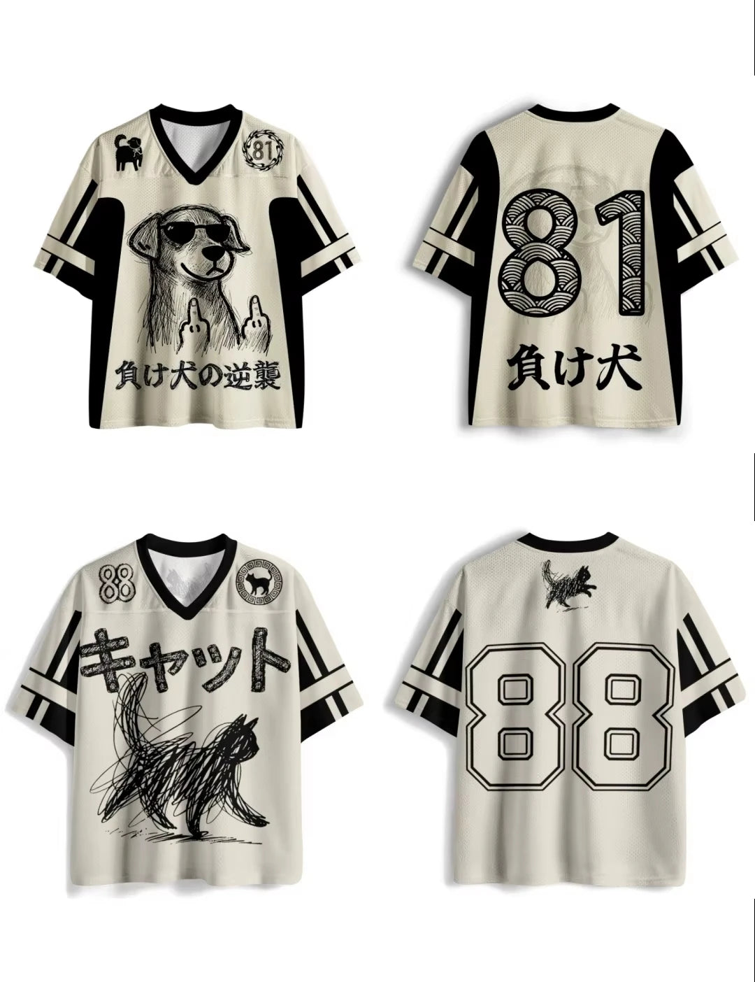 2026 New Latest Harajuku-style Y2K Adult Cat-and-dog Dual Theme Sporty Quirky 3D Print V-neck Jersey T-shirt with Raglan Sleeves