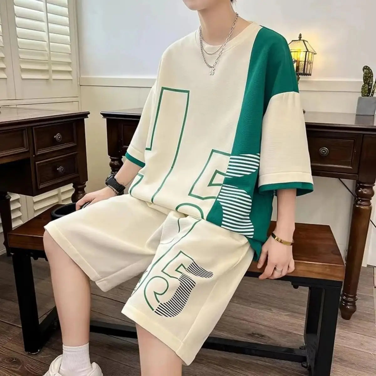American men's summer fashion letter print comfortable breathable round neck T-shirt drawstring shorts set outdoor casual wear