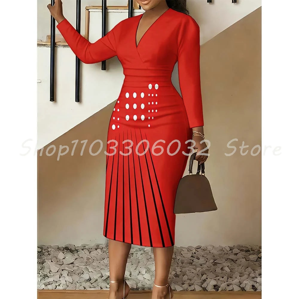 Polka Dot Vertical Stripe Print Bodycon Dress V-Neck Long Sleeve Midi Dress for Women Spring Party Date Night Outfit
