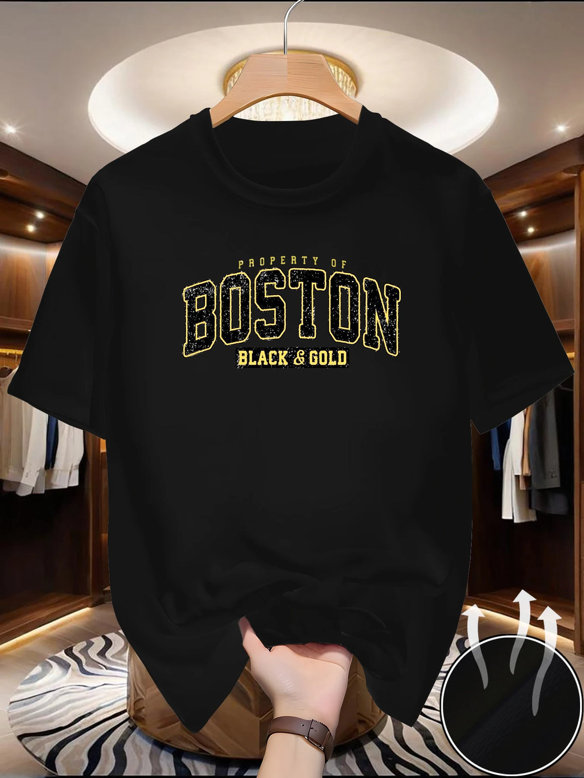 Men's summer fashionable casual sporty loose style Boston print pattern comfortable breathable round-neck T-shirt top
