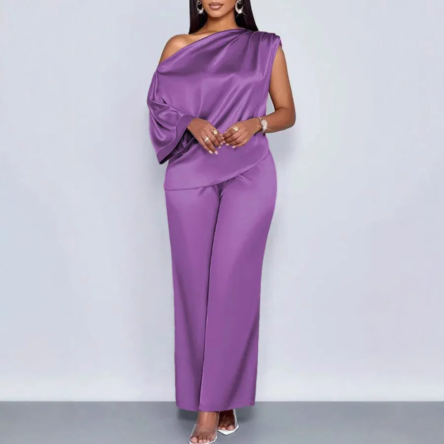 Pant Set Women Two Piece Sets Skew Collar Sexy Slim Fit Tops Wide Leg Long Pants Elastic Waist Y2k Streetwear Elegant 2026