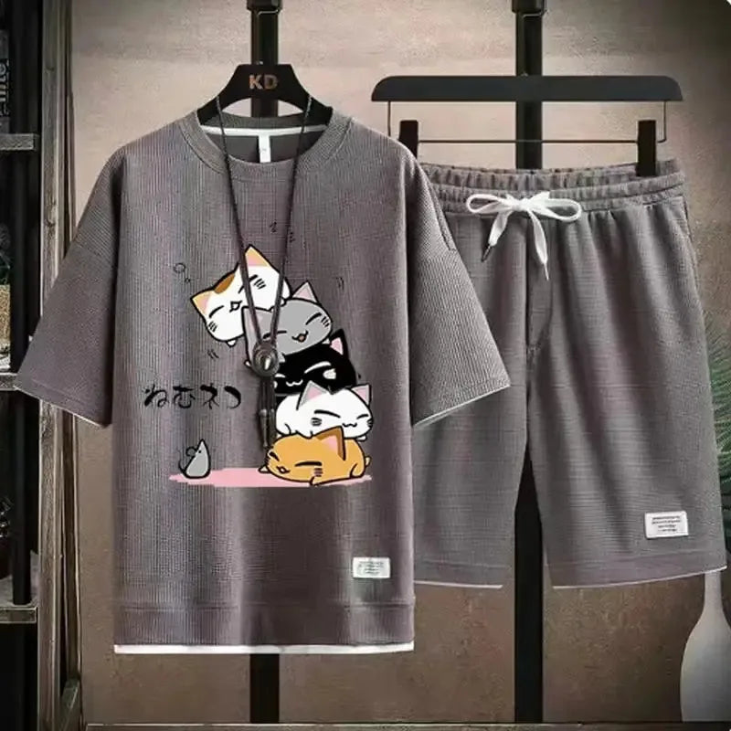Men's Summer Waffle Set Brand Fashion Casual T-shirt+Shorts Set Men's Sports Set Loose ComfortableSlo Two-piece Set