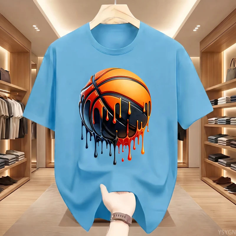 Men's Dripping Basketball Graphic T-Shirt, Streetwear Hip Hop Tee, Oversized Fit, WHITE Top for Men, Trendy Summer Style