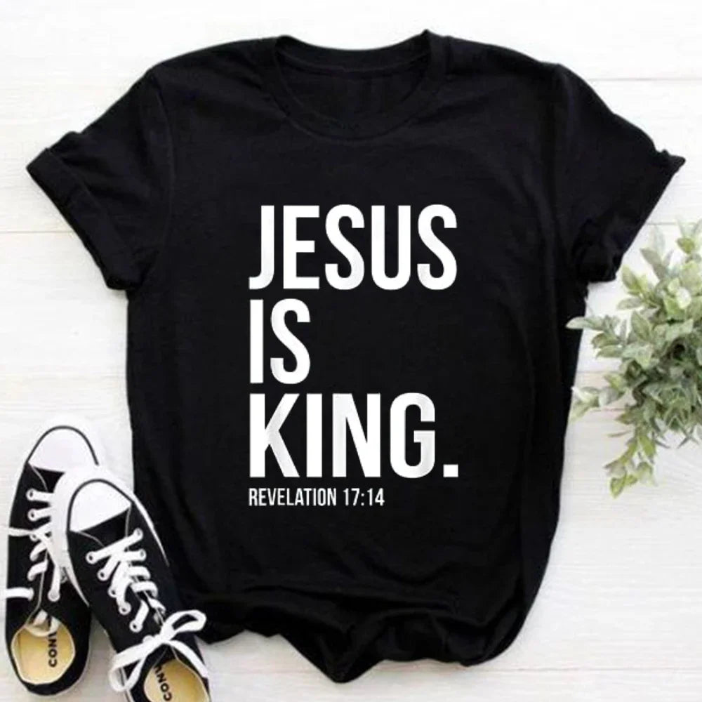 2026 Jesus Is King Letter Print Women T-shirt Christian Faith Hope Love Harajuku T Shirts Religion O-neck Tops Tees Streetwears
