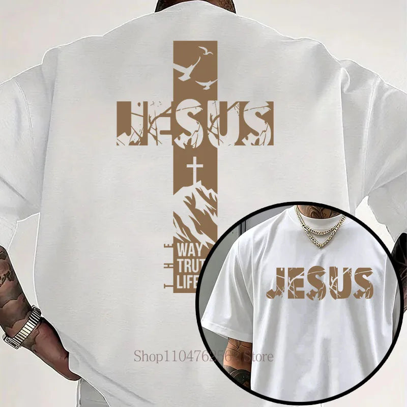 Jesus Cross Pattern Print T-shirts Men Summer Casual Fashion High Street Y2K Tops Vintage Crew Neck Short Sleeve Cotton Tees