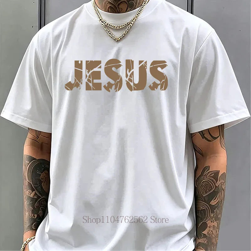 Jesus Cross Pattern Print T-shirts Men Summer Casual Fashion High Street Y2K Tops Vintage Crew Neck Short Sleeve Cotton Tees