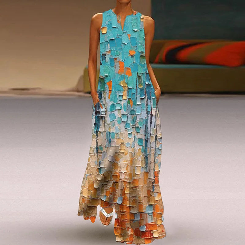 Summer Dress Woman 2025 Printed Dresses Summer Sleeveless V-Neck Long Dress Ladies Casual Elegant Beach Party Maxi Dresses