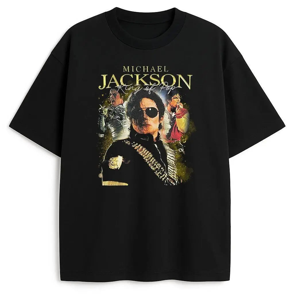 Portrait & Gold Signature Summer Rock Y2k Streetwear Michael Jackson T-Shirt Vintage Graphic Print Tee Casual Loose Top Unisex