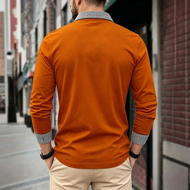 Men's Houndstooth Patchwork Long Sleeve Polo Shirt Classic Casual Business Tops Breathable Lightweight Knitwear for Spring Fall