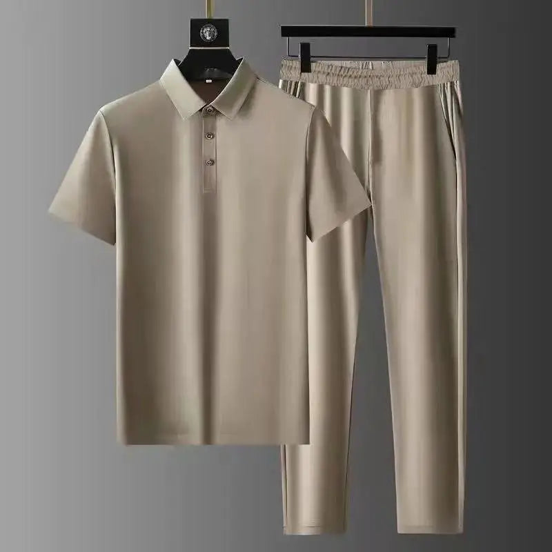 Men Sets Turn Down Collar Shirts Short Sleeve T Shirts Knee Length Straight Pants Two Pieces Loose Fit Summer Solid Casual