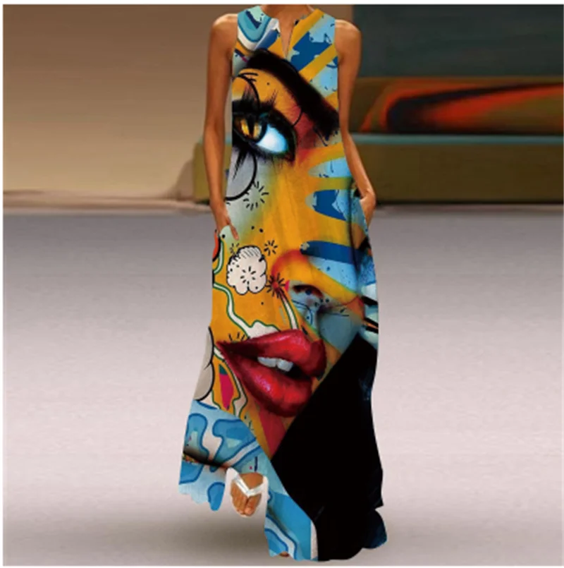 Fashion Lady Summer Long Women's Dress Black Sleeveless Loose Face Print Elegant Party Dresses For Women Casual Beach Dress Robe