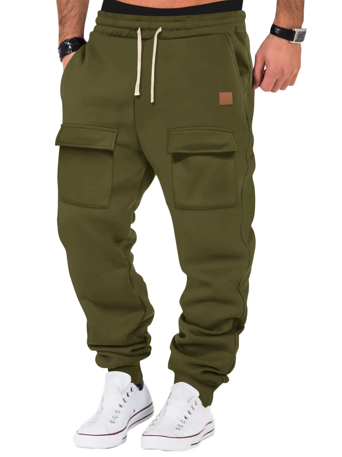 New men's fall and winter casual pants - fashionable multi-pocket fleece pants - sportswear and fitness work pants