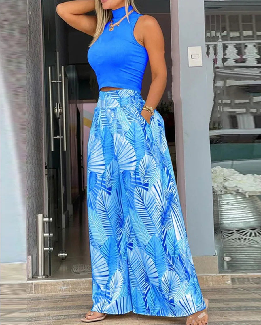 2025 Women's Pants 2 Piece Set  Loose Wide Leg Pants Overall High Waist Sleeveless Printed Fashion Casual pants sets