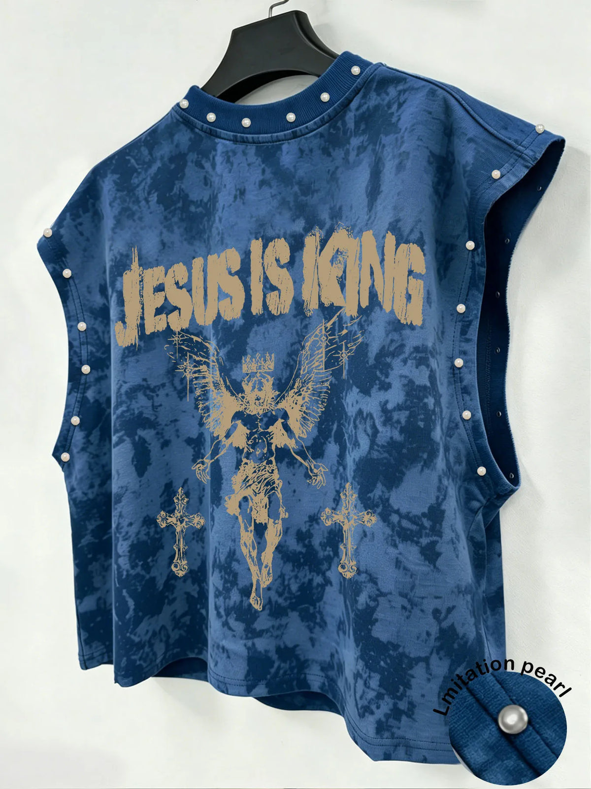 A Unisex, Retro-Style Vest Featuring Angel-Themed Prints and Faux-Pearl Accents—Perfect for Music Festivals.
