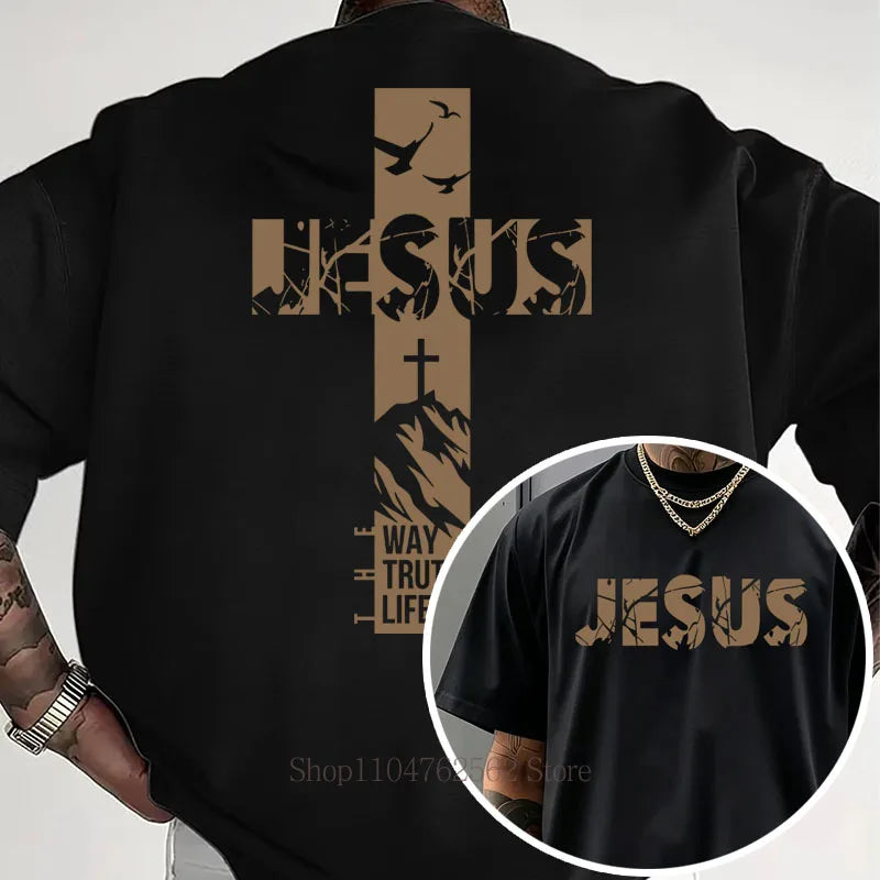 Jesus Cross Pattern Print T-shirts Men Summer Casual Fashion High Street Y2K Tops Vintage Crew Neck Short Sleeve Cotton Tees