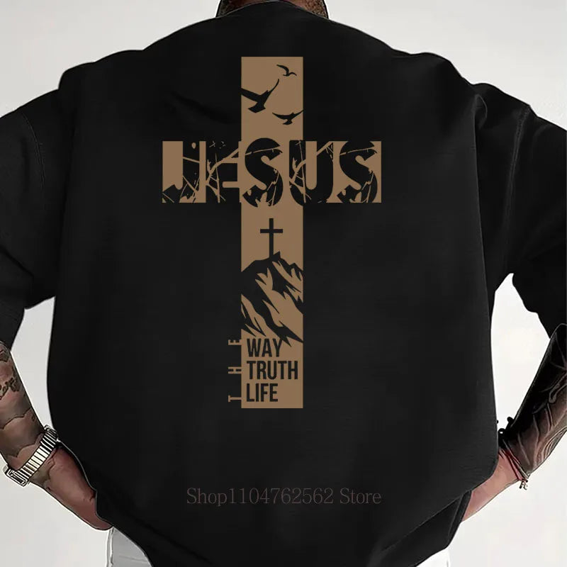 Jesus Cross Pattern Print T-shirts Men Summer Casual Fashion High Street Y2K Tops Vintage Crew Neck Short Sleeve Cotton Tees