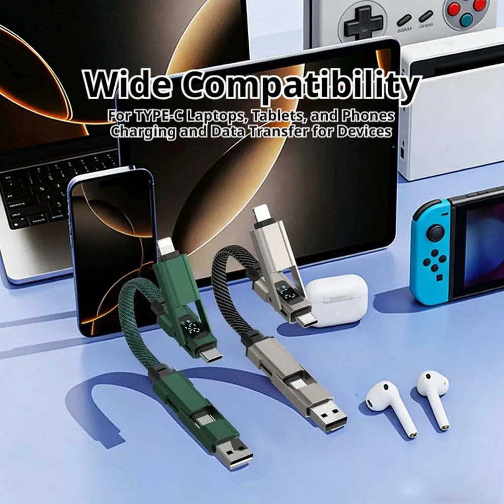 Keychain LED Display Braided 4 in 1 Fast Charge Cable Zinc Alloy 66W Phone Charger for iPhone Android Type-C Portable Durable